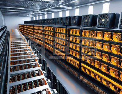 An overhead view of a modern mining farm with sustainable energy integrations, showcasing optimized layouts for enhanced performance