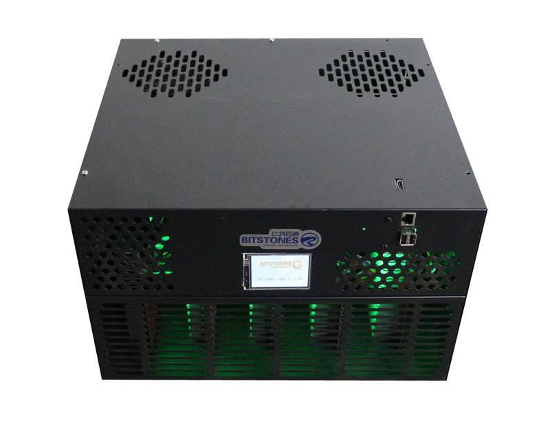 Advanced cryptocurrency mining rigs operating in a modern mining farm